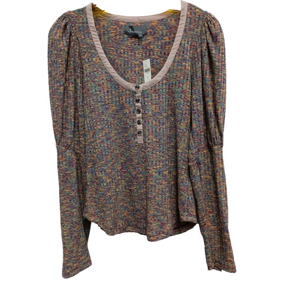 Anthropologie Womens Rainbow Henley Top Small Multi Puff Sleeve Scoop Neck Knit - Picture 1 of 13